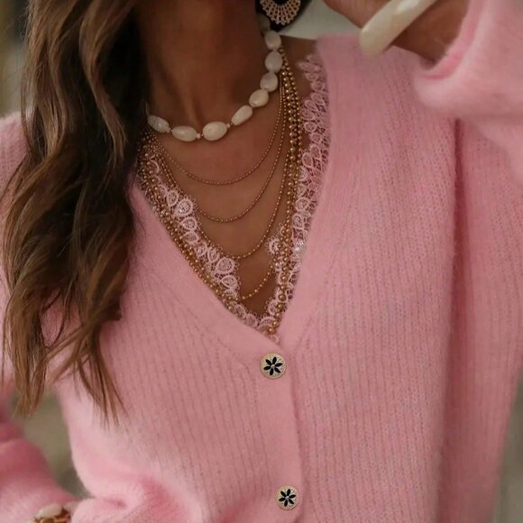 Pink Casual Women's V Neck Cardigan with Lace Trim - Picture 4 of 8